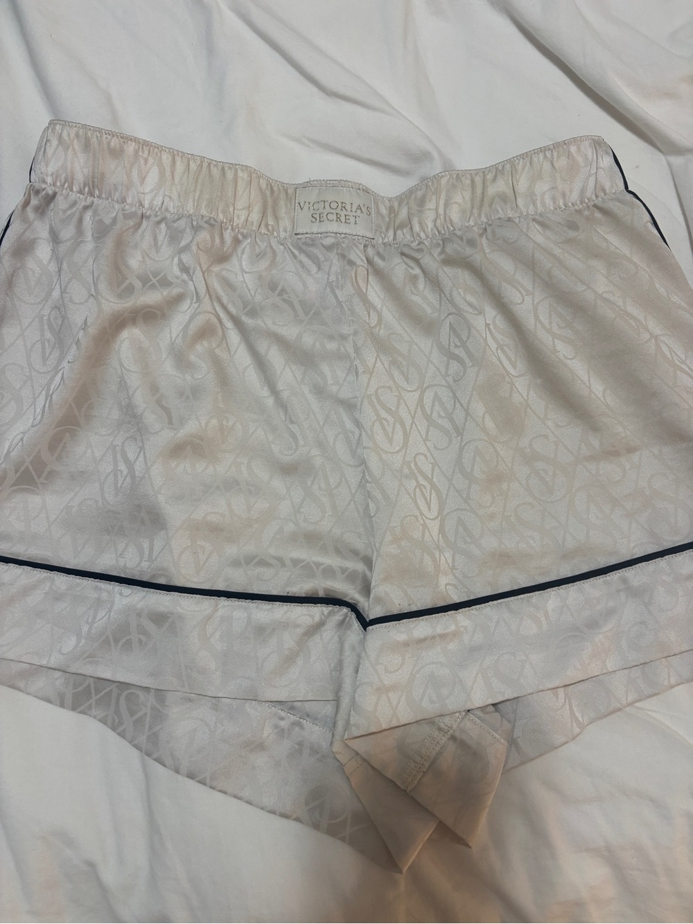 Victoria's Secret Cream Satin Jacquard Pajama Shorts with Black Piping